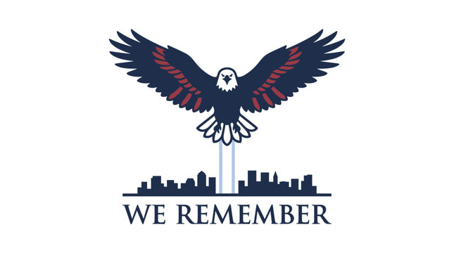 Eagle flying over city skyline with text We Remember and tribute to 9 11