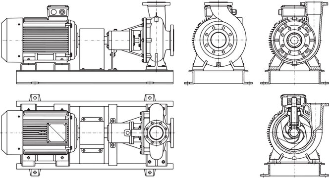 Technical engineering drawing of an industrial centrifugal pump with electric motor in multiple orthographic projection views