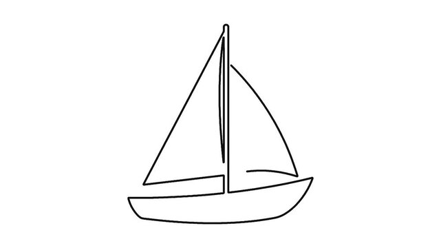 Continuous line drawing animation of boat with mast and sails on white background.