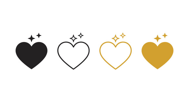Four heart icons with sparkles in black and gold colors