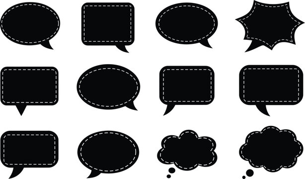 Hand drawn speech bubble outline icon set with sketch style borders for notes chats and design work