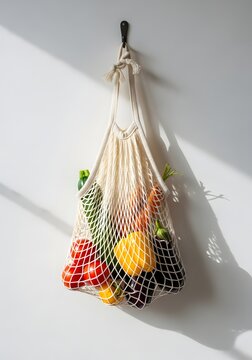 Fresh colorful vegetables in a reusable mesh bag hanging against a bright white wall space