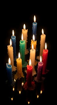 Group of glowing colorful candles with flickering flames isolated on a black background