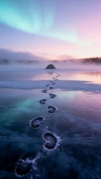 Deep human footprints on frozen ice under beautiful aurora borealis