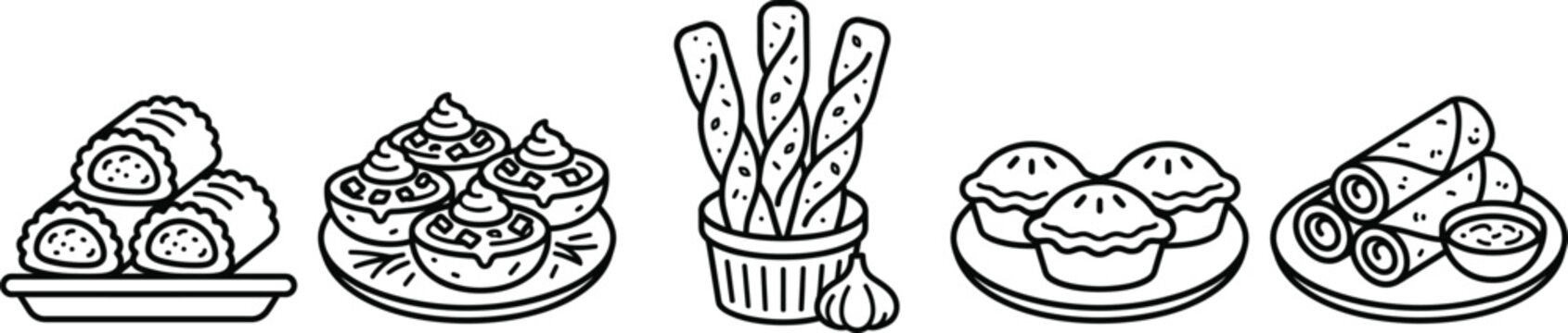 Finger Food Line Art Icon Set, Sausage Rolls, Spring Rolls, Garlic Bread Vector