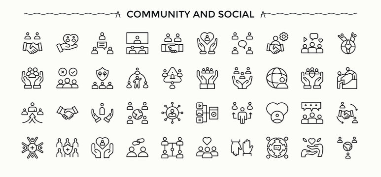 Community And Social modern icon set. Icons for website. Includes symbols for friend, community, network, hand, people, relations. Editable vector stroke. Social icon set.