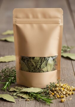 Kraft paper pouch filled with dried herbs and spices on a rustic wooden surface