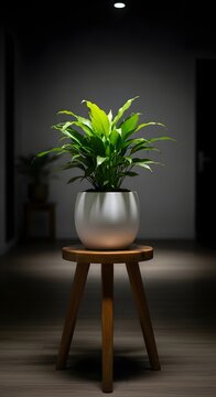Lush green houseplant in a white pot resting on a wooden stool in a dark room