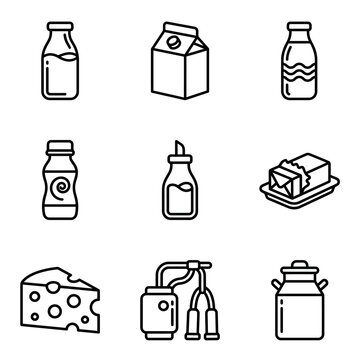 Dairy Product Icons: Milk, Butter, Cheese, Creamer, and Milking Machine Set