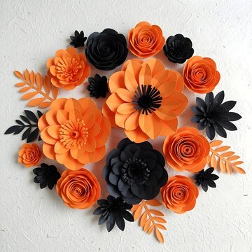 Handmade paper flowers in orange and black colors arranged on a white textured base