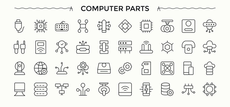 Computer icon set in linear style. Minimalist icons collection. Containing electronic, laptop, technology, notebook, equipment, pc. Editable stroke. Pixel Perfect. Desktop modern icon set.