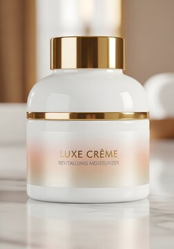 Luxury skincare cream jar with a gold lid on a marble surface in a bright bathroom