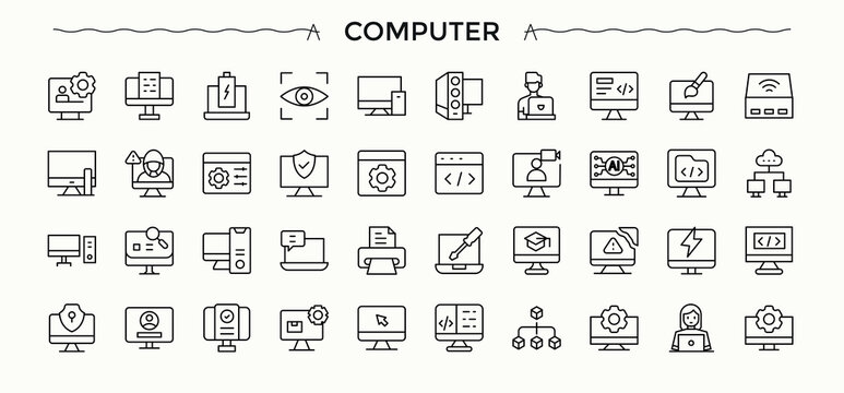 Computer linear icon set. Tablet simple icon set. Icons for website. It contains symbols to desktop, equipment, tablet, pc, technology and more. Signs for web and mobile app.