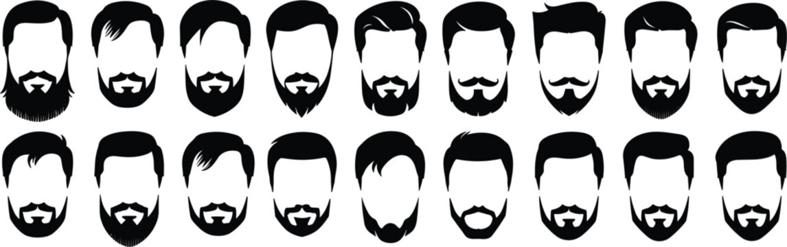 Set of black silhouettes of men's faces with various beard and mustache styles, isolated on a white background, for grooming concepts