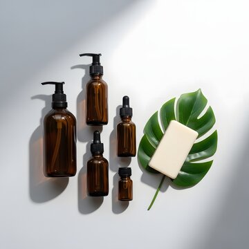 Natural skincare products in amber glass bottles with a soap bar and green leaf decor