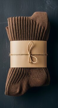Pair of brown woolen socks wrapped in a paper band with twine on a dark surface