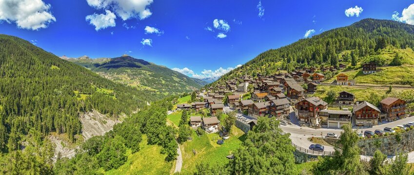 The mountain village of Ayer, drone shot, Val d'Anniviers, Valais Alps, Canton Valais, Switzerland