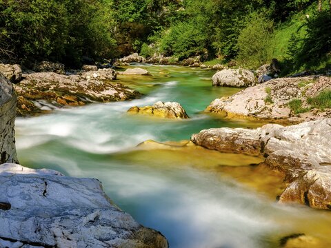 Emerald green Soca River, Soca Valley, Triglav National Park, Bovec, Slovenia