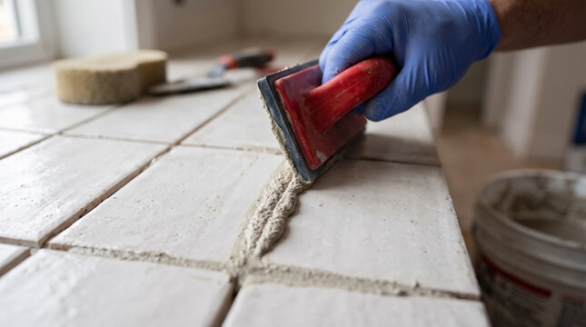 Hand applies grout between tiles with a float for tile grouting process guides, home renovation tiling blogs, bathroom remodel projects, kitchen backsplash installation, and DIY tile repair.