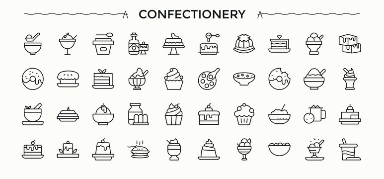 Confectionery icon pack. Trendy minimal icons. Editable stroke. Vector illustration. Cake line icon set. Contains outline symbols like birthday, dessert, food, cupcake and more.