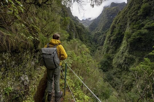 Hikers on a narrow path along a levada, view of forested mountains, Levada do Caldeir&atilde;o Verde, Parque Florestal das Queimadas, Madeira, Portugal