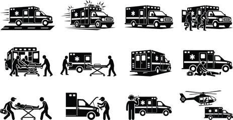 Obraz premium Emergency Medical Service Pictogram Icons Showing Ambulance Paramedics Patient Care and Rescue Scenes