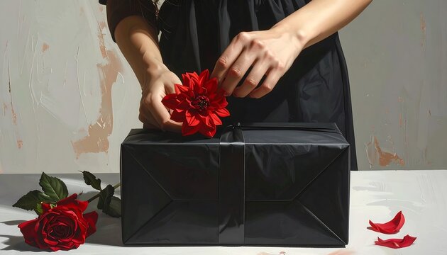 A person's hands arrange a crimson flower atop a black wrapped box with a black ribbon on a white surface