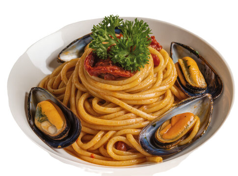 Isolated plate of delicious pasta with mussels in shells, rich red sauce, and fresh parsley garnish