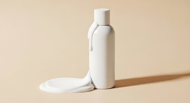 White cosmetic bottle with dripping cream texture on a soft neutral beige background
