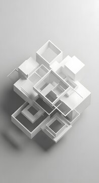 Abstract composition of intersecting white architectural cubes on a light background