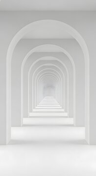Abstract minimalist white corridor with arched doorways and endless perspective view