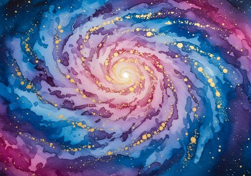 Abstract watercolor galaxy painting with vibrant blue purple and gold ink splashes