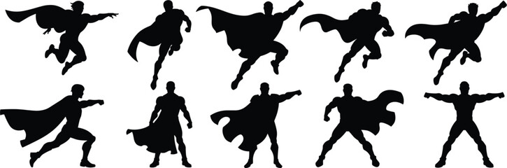 Set of black superhero silhouettes in various heroic flying and standing poses isolated on a plain white background, for use © Bappy