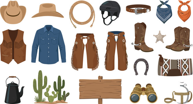 Texas Rodeo Fashion, Cowboy Boots, and Wild West Flat Icons Pack