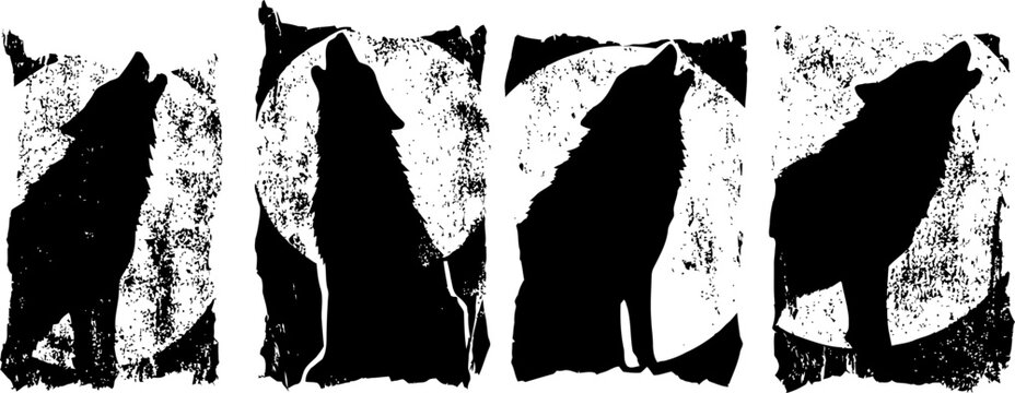 Black wolf silhouettes howling in grunge with textured distressed background