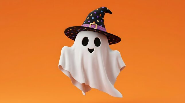 Cute 3d cartoon ghost wearing a polka dot witch hat