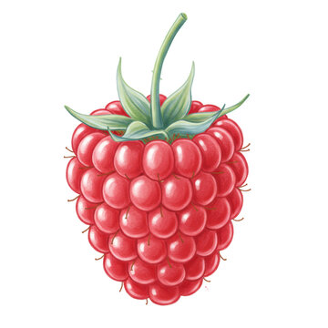 A ripe crimson raspberry with plump drupelets and delicate blue-green stem, centrally isolated on a transparent background, charming mixed-media illustration concept of natural wholesomeness.