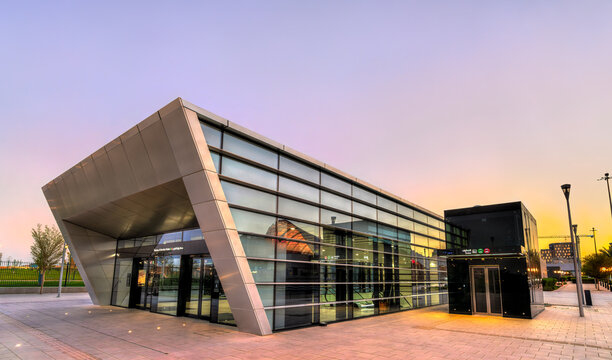 Riyadh, Saudi Arabia - February 21, 2026: Exterior view of the modern Ministry of Education Metro Station with glass facade at sunset, part of the Riyadh Metro public transport system.