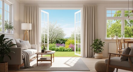 Fototapeta premium Bright living room opens onto a vibrant garden scene through double doors on a sunny day