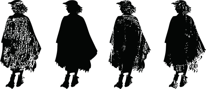 Silhouettes of person wearing poncho and hat walking, four different positions