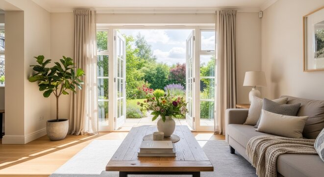 Bright living room interior opens onto a lush, sunlit garden through French doors.