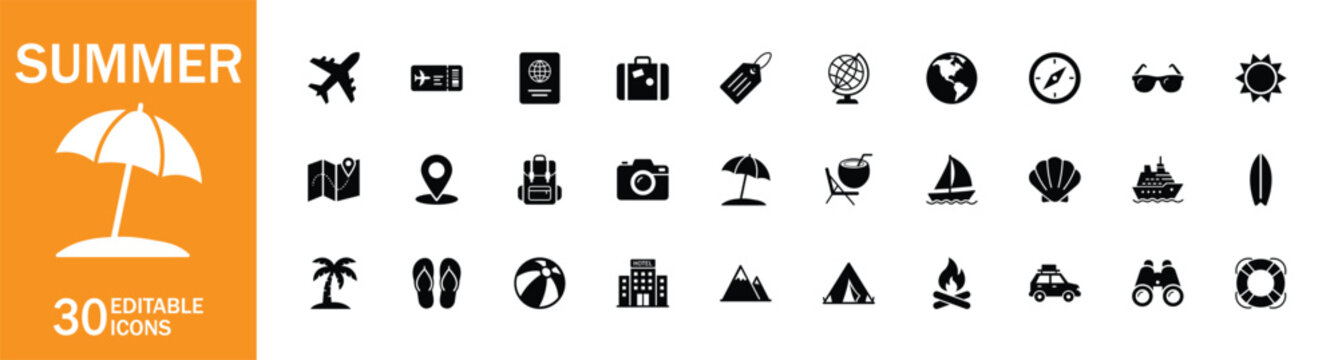 Summer Vacation and Beach Travel Editable Glyph Icon Pack