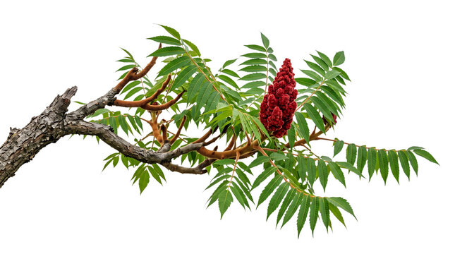 Vibrant staghorn sumac branch featuring lush green pinnate leaves and a prominent deep red fuzzy fruit cluster on transparent background