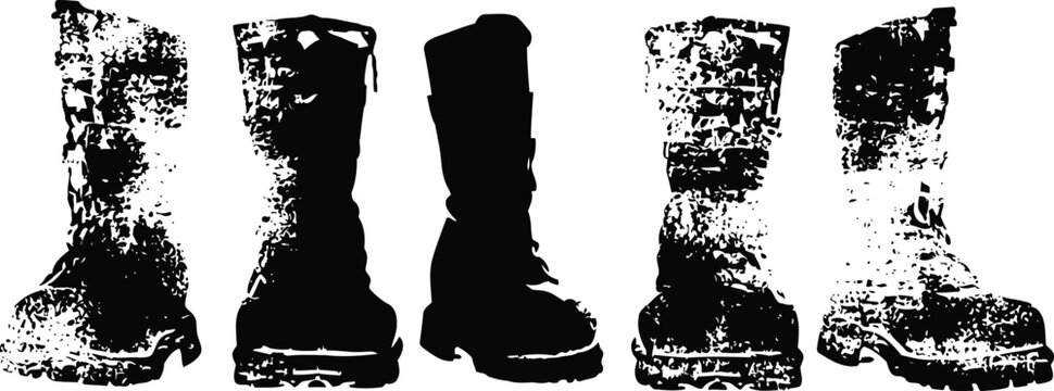 Five vintage military boots in a row with various worn textures and patterns