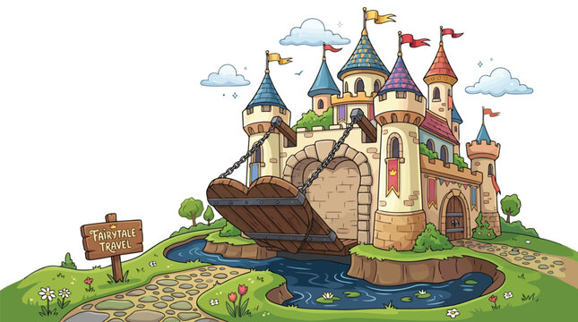 Fairytale castle with drawbridge over moat and signpost for fairytale travel destination