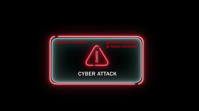 Digital cyber attack warning notification interface with pulsing red neon alert and rapidly changing data streams for cybersecurity breach security system monitoring and network protection analysis