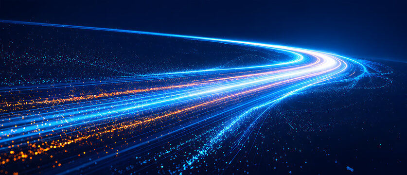 High-Speed Digital Light Trail with Flowing Data Streams and Glowing Particles for Telecommunications, Network Solutions and AI Technology