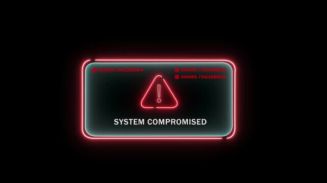 System compromised warning alert digital interface display featuring neon red glowing hazard and rapidly changing data streams for cybersecurity breach notification and network security threat