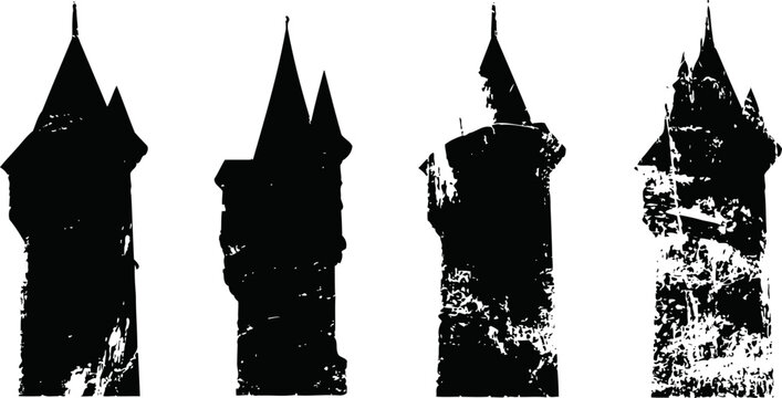 Silhouettes of four old towers with pointed roofs in grunge black and white set