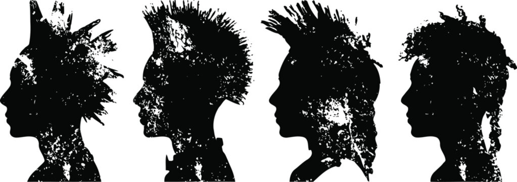 Silhouettes of punk hairstyles with mohawks and spiked hair in grunge texture